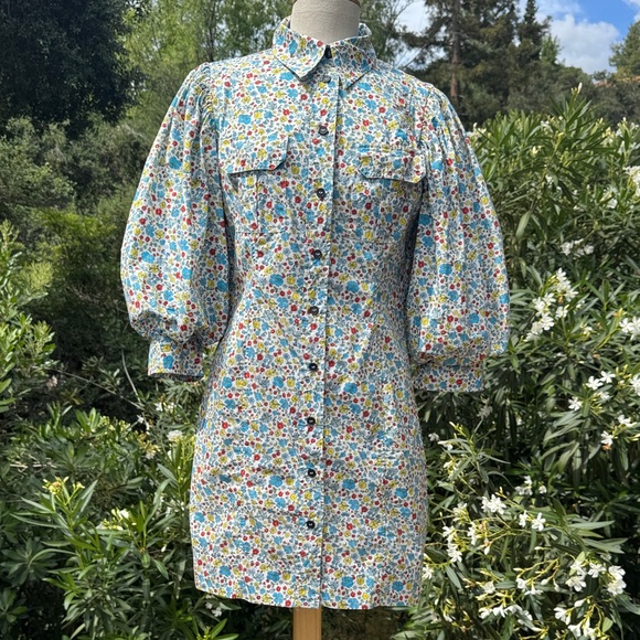 Ganni Dresses & Skirts - GANNI floral organic cotton puff-sleeve button-front mini dress